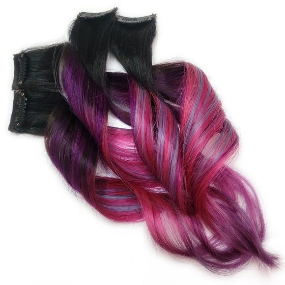 Colored Clip in Remy Human Hair Extensions Colored Black Root Pink Purple Ombre